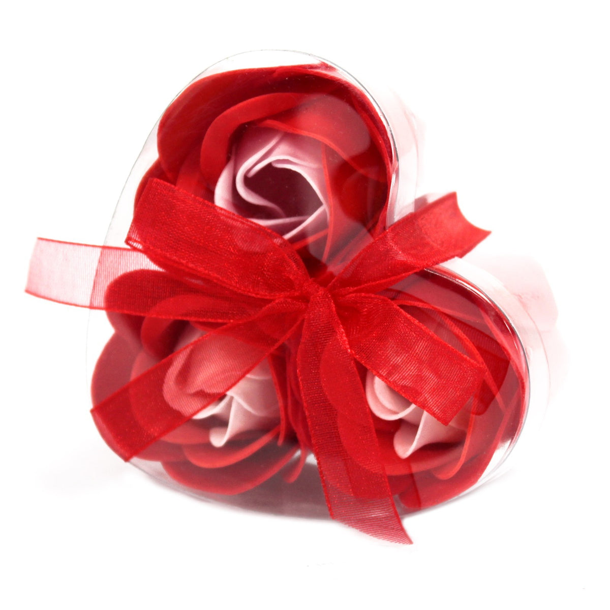 Cutie cu 3 flori de săpun în formă de trandafiri roșii