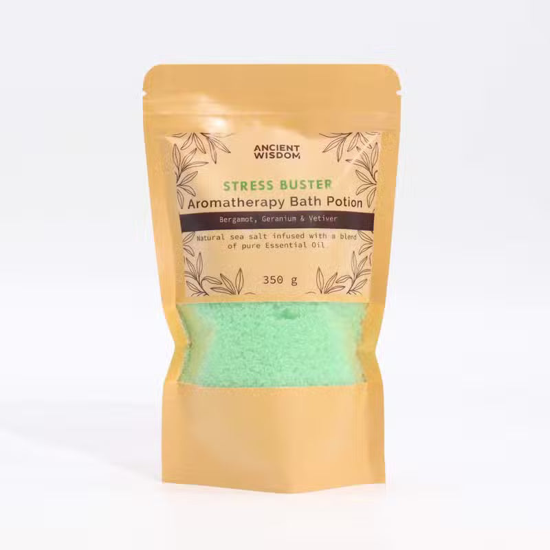 Sare de baie pentru aromaterapie Antistres cu Bergamotă, Geranium și Vetiver, 350 g, ambalaj