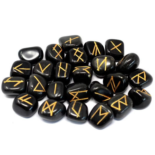 Set rune din agat negru cu simboluri gravate